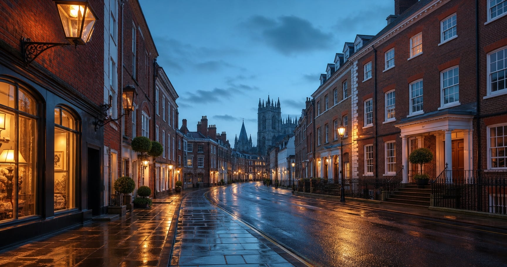 Historic red-brick street at dusk with a distant cathedral silhouette